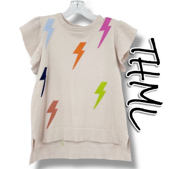 THML Lightning Bolt Flutter Sleeve Knit Sweater Top Beige Multicolor Womens XS - Picture 1 of 12